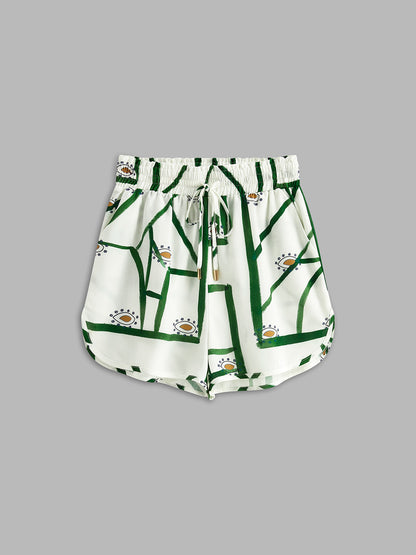 Dames Set Met Print Blouse En Korte Broek – Zomer, Ademend Katoen & Trendy Drawstring Voor Een Nonchalante Look