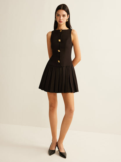 Elegante Metaal-Knoop Plissé Tank Jurk Voor Vrouwen – Luxe Stijl, Zachte Stof & Ideaal Voor Zomerse Avonden.