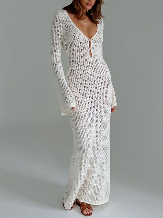 Stijlvolle Lange Mouw Open Rug Jurk Voor Dames – Ademende Stof, Elegante Snit & Perfect Voor Zomerse Avonden Met Een Vleugje Glamour.