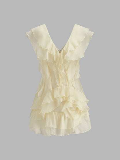 Mini Jurk Met Volants Voor Dames – V-Hals, Luchtige Stof & Zomer Elegant