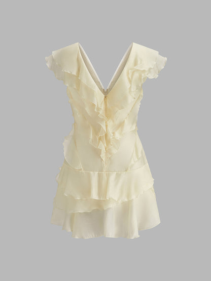 Mini Jurk Met Volants Voor Dames – V-Hals, Luchtige Stof & Zomer Elegant