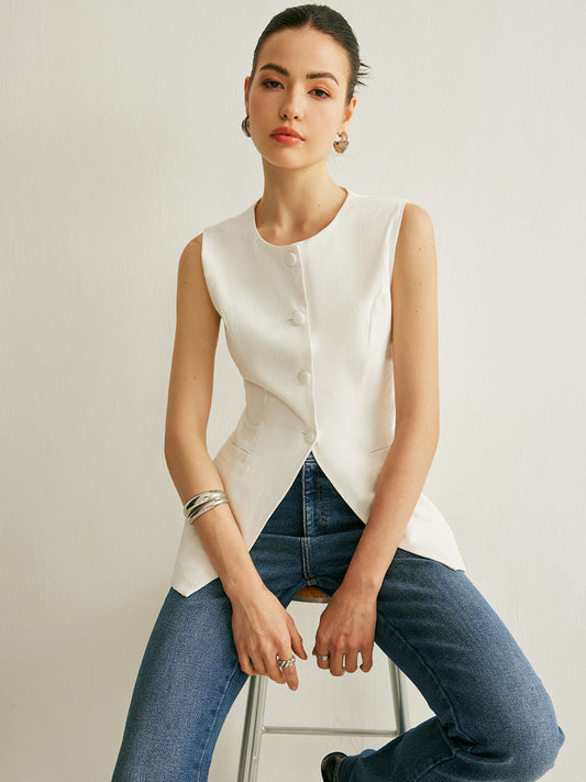Stijlvol Mouwloos Vest Voor Modebewuste Vrouwen – Elegante Knopdetails, Luxe Textuur & Perfect Voor Zowel Casual Als Formele Gelegenheden.