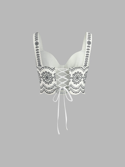 Elegante Geprinte Mouwloze Rokset Voor Modebewuste Dames – Zachte Stof, Speelse Strik & Perfect Voor Zomeruitjes Of Feestelijke Gelegenheden.