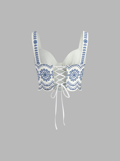 Elegante Geprinte Mouwloze Rokset Voor Modebewuste Dames – Zachte Stof, Speelse Strik & Perfect Voor Zomeruitjes Of Feestelijke Gelegenheden.