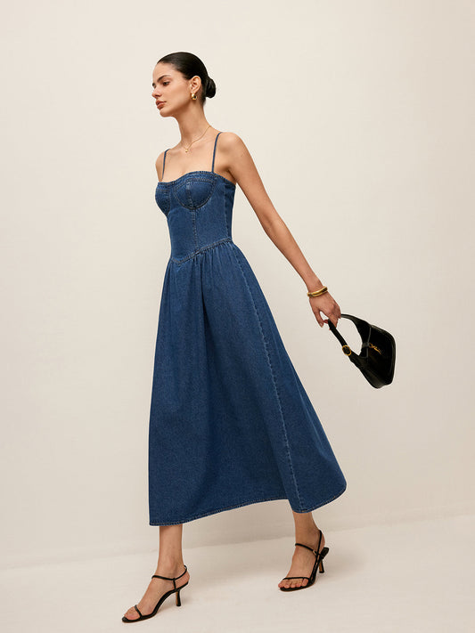 Denim Jurk Met Sweetheart Kraag Voor Vrouwen – Elegante Snit, Tijdloos Blauw & Perfect Voor Casual Uitjes Of Speciale Gelegenheden.