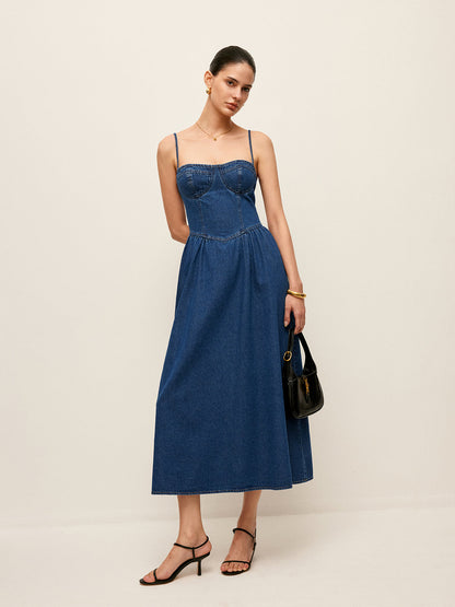 Denim Jurk Met Sweetheart Kraag Voor Vrouwen – Elegante Snit, Tijdloos Blauw & Perfect Voor Casual Uitjes Of Speciale Gelegenheden.