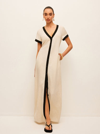 Hoge Splits Jurk Van Katoen En Linnen Voor Modebewuste Vrouwen – Contrast Trim, Elegante Pasvorm & Ideaal Voor Zomerse Avonden.