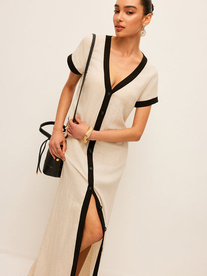 Hoge Splits Jurk Van Katoen En Linnen Voor Modebewuste Vrouwen – Contrast Trim, Elegante Pasvorm & Ideaal Voor Zomerse Avonden.