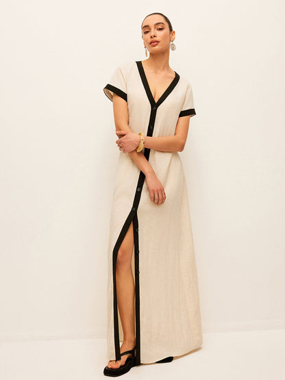 Hoge Splits Jurk Van Katoen En Linnen Voor Modebewuste Vrouwen – Contrast Trim, Elegante Pasvorm & Ideaal Voor Zomerse Avonden.