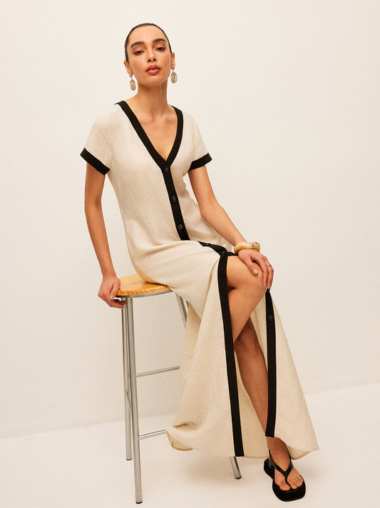 Hoge Splits Jurk Van Katoen En Linnen Voor Modebewuste Vrouwen – Contrast Trim, Elegante Pasvorm & Ideaal Voor Zomerse Avonden.