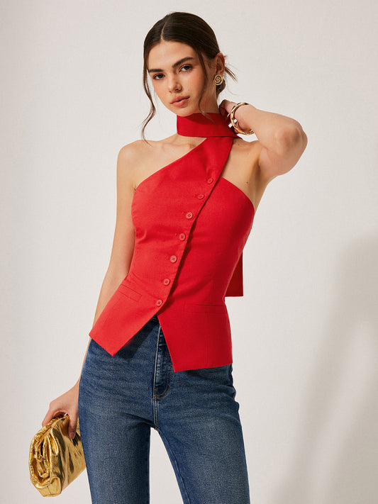 Stijlvolle Haltertop Van Katoen En Linnen Voor Modebewuste Vrouwen – Decoratieve Zakjes, Ademend Materiaal & Comfortabel Voor Zomerse Avonden.