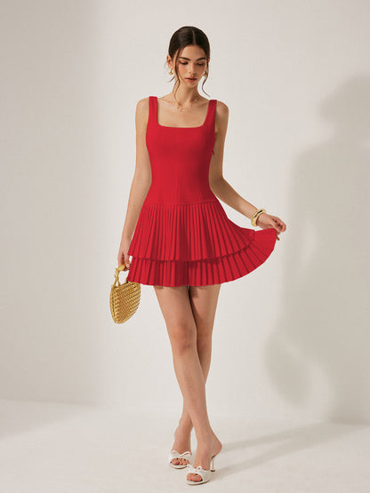 Elegante Plissé Jurk Voor Vrouwen – Vierkante Halslijn, Vloeiende Bewegingsstof & Perfect Voor Feestelijke Gelegenheden.