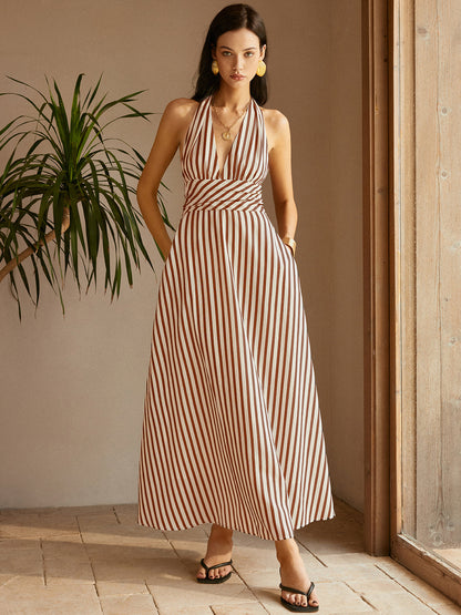Gestreepte Rugloze Zakjes Jurk Voor Modebewuste Vrouwen – Ademend Katoen, Elegant Design & Perfect Voor Zomerse Uitjes.