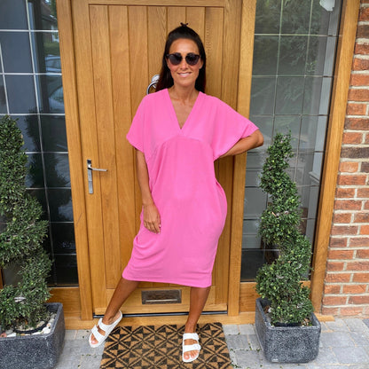 Dames Losvallende Midi-Jurk Met V-Hals En Korte Mouwen – Lente, Zomer En Casual Momenten