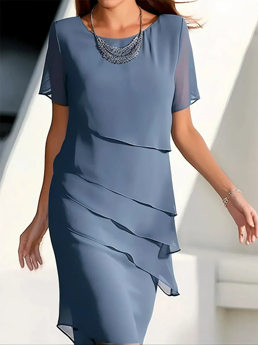 Gelaagde Chiffon Jurk – Elegante Damesjurk Met Korte Mouwen En Luchtige Pasvorm Voor Feest En Dagelijks Gebruik
