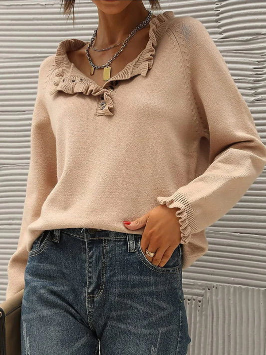 Gebreide Top Met Ruches En Knoopdetail – Vrouwelijke Knit Voor Lente, Herfst & Knusse Momenten Thuis