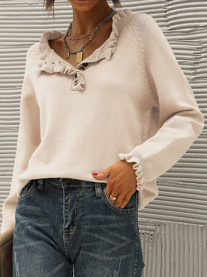 Gebreide Top Met Ruches En Knoopdetail – Vrouwelijke Knit Voor Lente, Herfst & Knusse Momenten Thuis