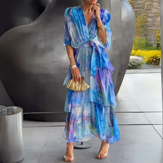 Lange Zomerjurk Voor Dames – Luchtige Chiffonjurk Met Watervalrok En Ceintuur Voor Lente En Zomer
