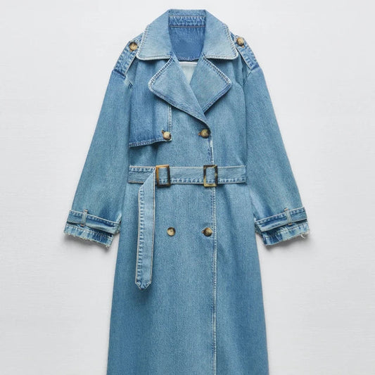 Denim Trenchcoat Met Tailleceintuur En Reverskraag – Stijlvolle Lange Damesjas Voor Elk Seizoen