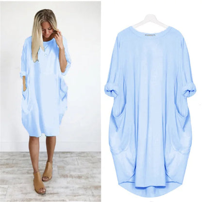 Dames Oversized Jurk Met Opgerolde Mouwen En Zakken – Lente, Zomer En Vroege Herfst