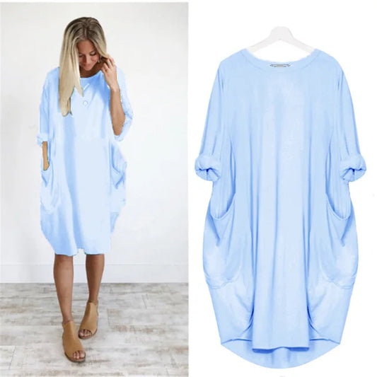 Dames Oversized Jurk Met Opgerolde Mouwen En Zakken – Lente, Zomer En Vroege Herfst
