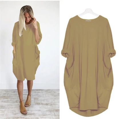 Dames Oversized Jurk Met Opgerolde Mouwen En Zakken – Lente, Zomer En Vroege Herfst