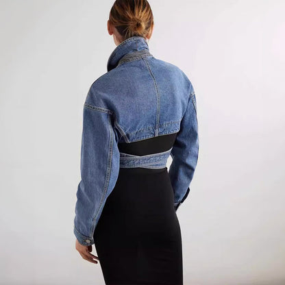 Cropped Denim Bikerjack Met Getailleerde Taille – Edgy Lente-Zomer Statement Voor Dames