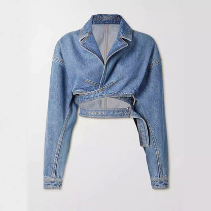 Cropped Denim Bikerjack Met Getailleerde Taille – Edgy Lente-Zomer Statement Voor Dames