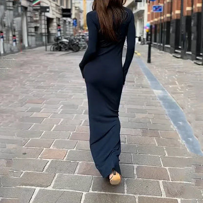 Bodycon Maxi-Jurk Met Col En Lange Mouwen – Minimal Luxe Voor Een Elegante Uitstraling