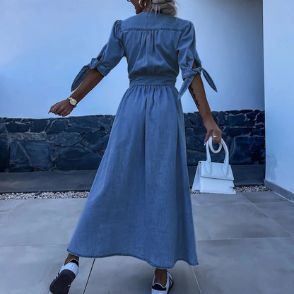 Dames Maxi-Jurk Met Knoopsluiting, Split En Strikmouwen – Lente, Zomer En Vroege Herfst