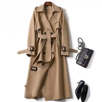 Lange Trenchcoat Met Ceintuur En Dubbele Rij Knopen – Elegante Damesjas Voor Herfst & Winter