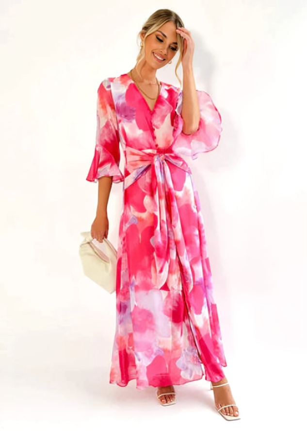 Lange Kleurrijke Zomerjurk Voor Dames – Elegante Maxi Jurk Met V-Hals En Strikceintuur