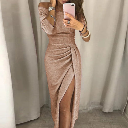 Off-Shoulder Damesjurk Met Split – Elegante Avondjurk Met Aansluitende Pasvorm