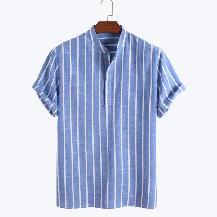 Gestreepte Herenset Met Opstaande Kraag – Ademend, Licht & Zomerklaar Voor Voorjaar & Zomer