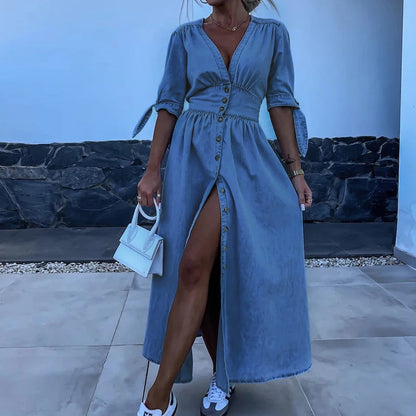 Dames Maxi-Jurk Met Knoopsluiting, Split En Strikmouwen – Lente, Zomer En Vroege Herfst