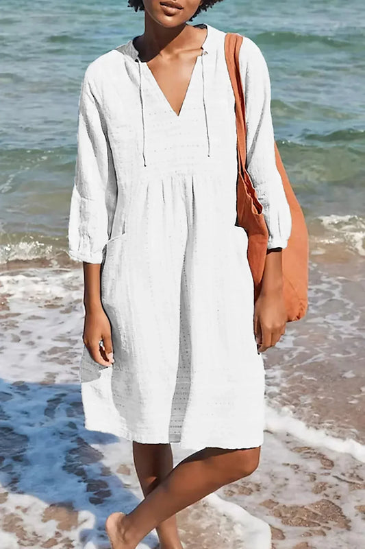 Luchtige Strandjurk Met V-Hals En 3/4 Mouwen – Casual En Comfortabel