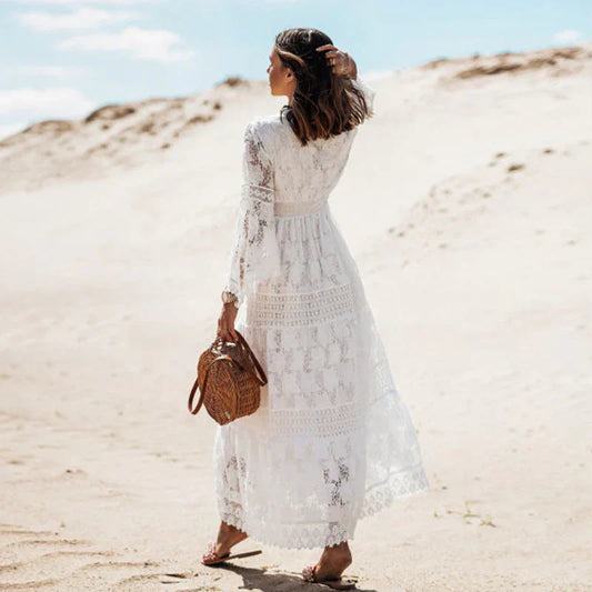 Dames Lange Kanten Jurk Met V-Hals En Boho-Details – Lente, Zomer En Vakantieseizoen