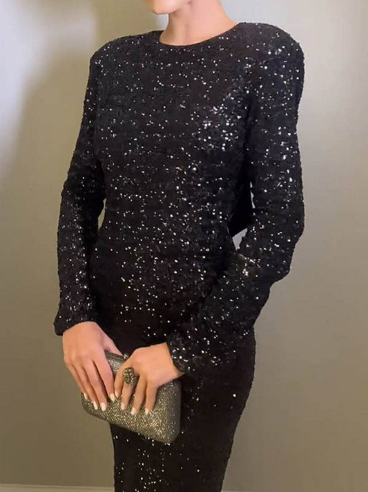 Lange Glitter Avondjurk Met Schouderaccenten En Lange Mouwen – Herfst, Winter En Lente