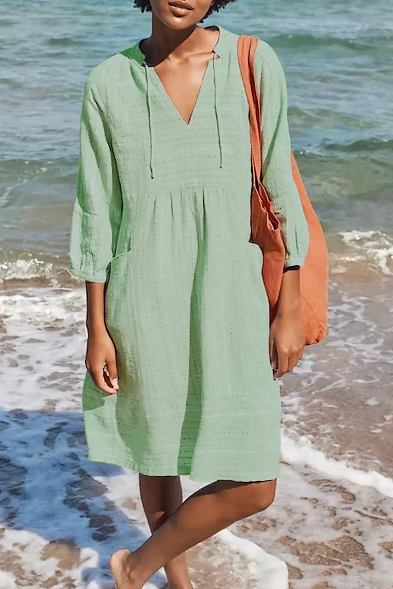 Luchtige Strandjurk Met V-Hals En 3/4 Mouwen – Casual En Comfortabel