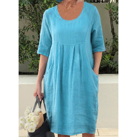 Dames Linnenlook Jurk Met Plooien En Zakken – Lente, Zomer En Nazomer