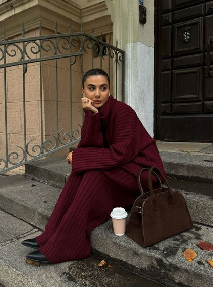 Gebreide Lounge Set Voor Dames – Zachte Ribstructuur, Flared Broek & Inclusief Sjaal – Herfst En Winter
