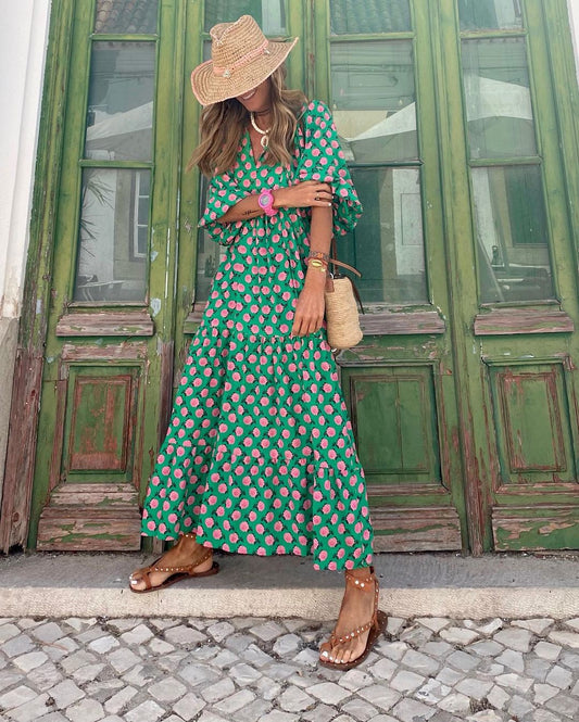 Dames Maxi-Jurk Met Vrolijke Print En Wijde Mouwen – Lente, Zomer En Vakantie