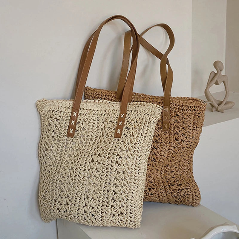 Tas Voor Dames – Luxe Gehaakte Tote Bag Met Leren Schouderhengsels Voor Strand, Vakantie & Dagelijks Gebruik (Zomer, Voorjaar)