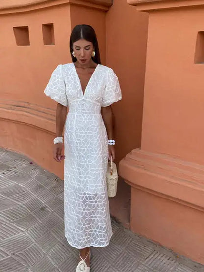 Dames Maxi-Jurk Met Borduureffect, V-Hals En Pofmouwen – Lente, Zomer En Vroege Herfst