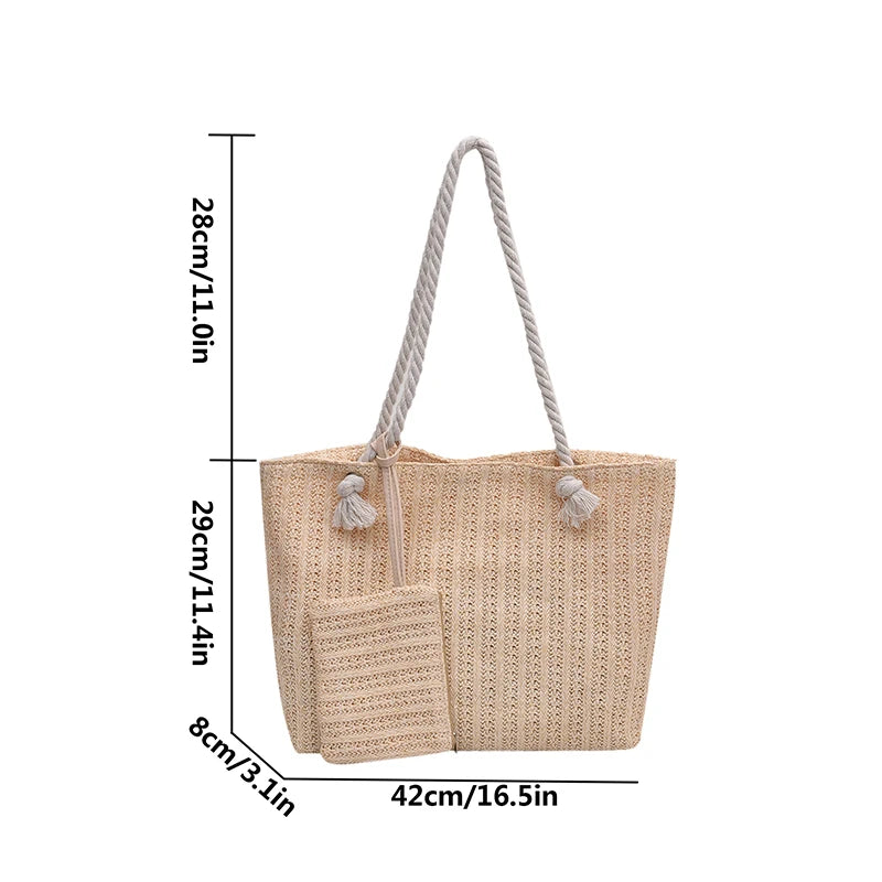Gevlochten strandtas voor dames – touwhengsels, ruim formaat & ideaal voor reizen (voorjaar, zomer)