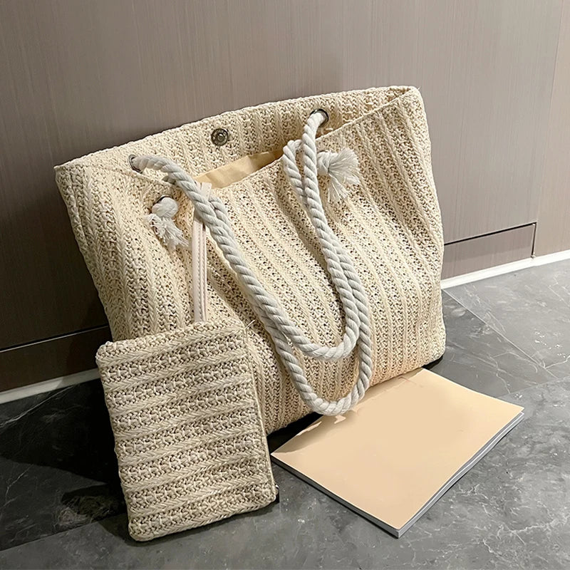 Gevlochten strandtas voor dames – touwhengsels, ruim formaat & ideaal voor reizen (voorjaar, zomer)