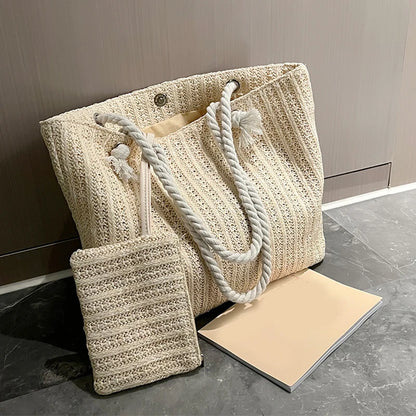 Gevlochten strandtas voor dames – touwhengsels, ruim formaat & ideaal voor reizen (voorjaar, zomer)