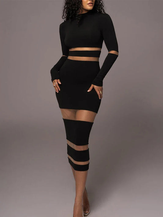 Twee-Delige Dames Set Met Meshpanelen – Bodycon Crop Top En Midi Rok Met Cut-Out Details