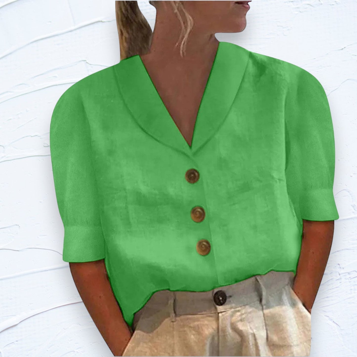 Dames Blouse Met Brede Kraag, Korte Mouwen En Knoopsluiting – Lente, Zomer En Vroege Herfst