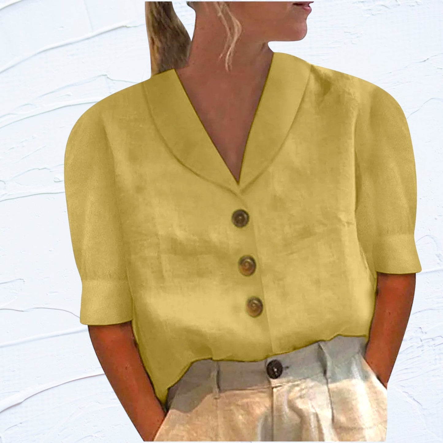 Dames Blouse Met Brede Kraag, Korte Mouwen En Knoopsluiting – Lente, Zomer En Vroege Herfst